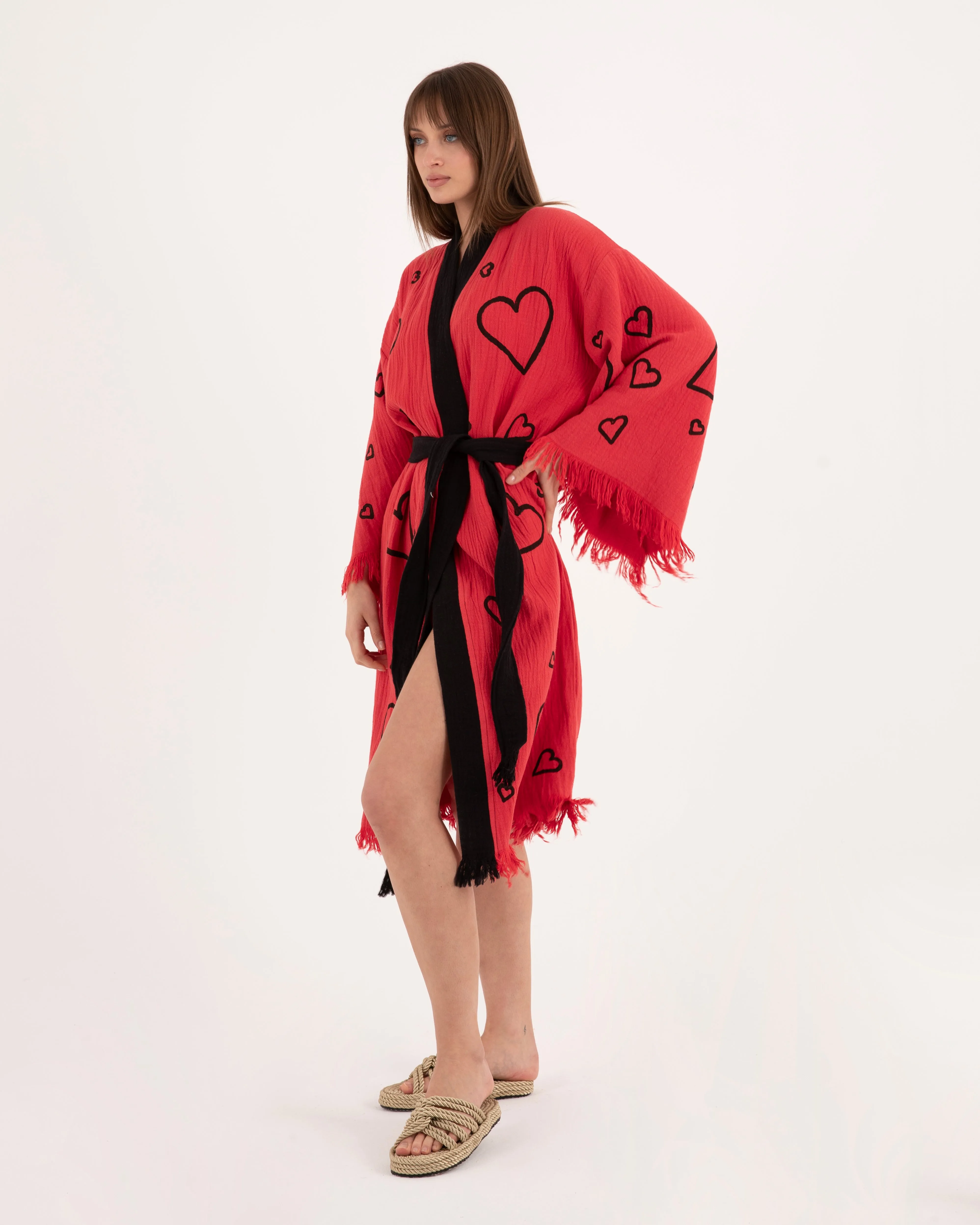 Red Kimono with Black Heart Pattern Robe