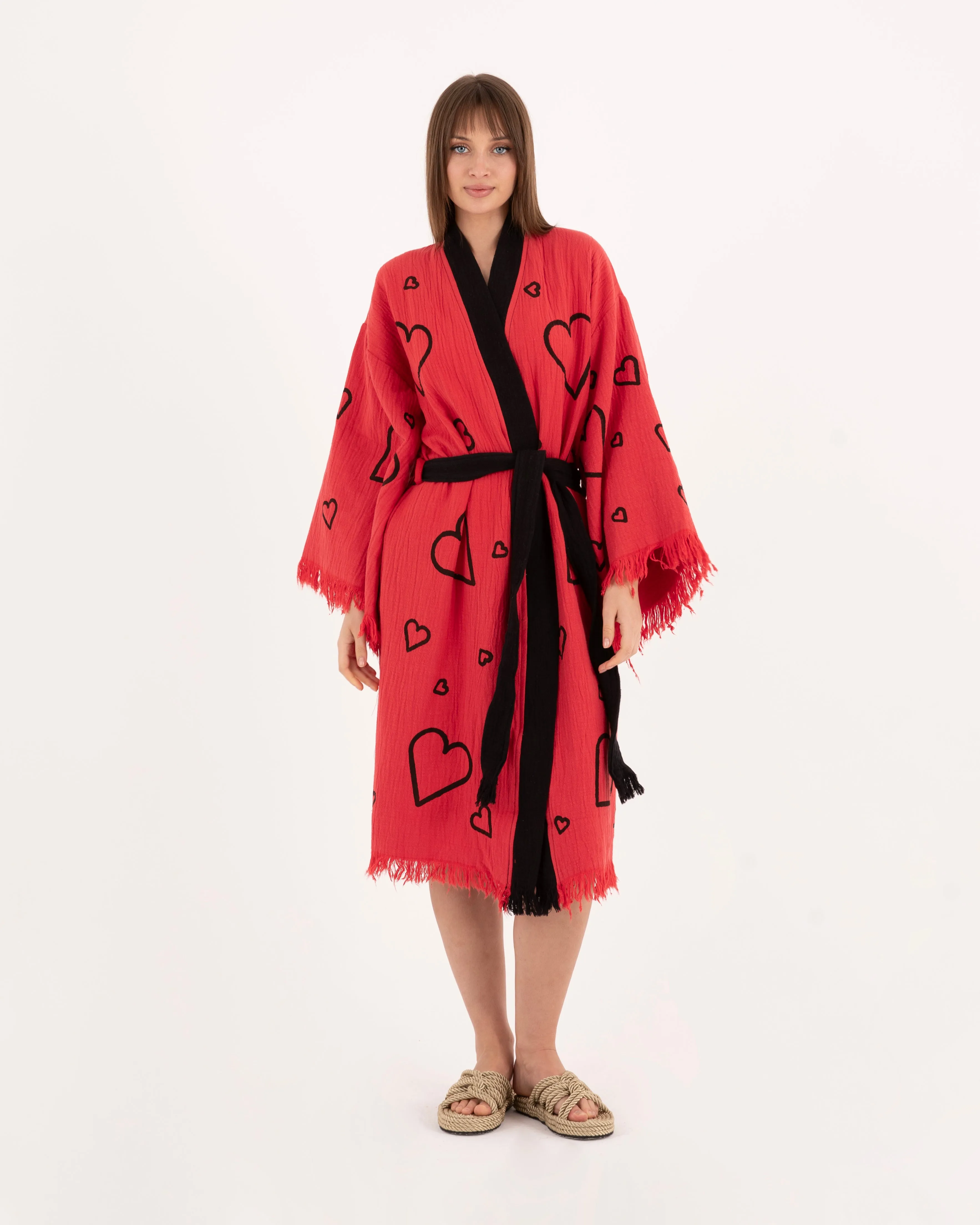 Red Kimono with Black Heart Pattern Robe