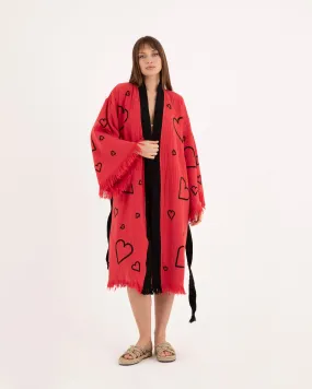 Red Kimono with Black Heart Pattern Robe