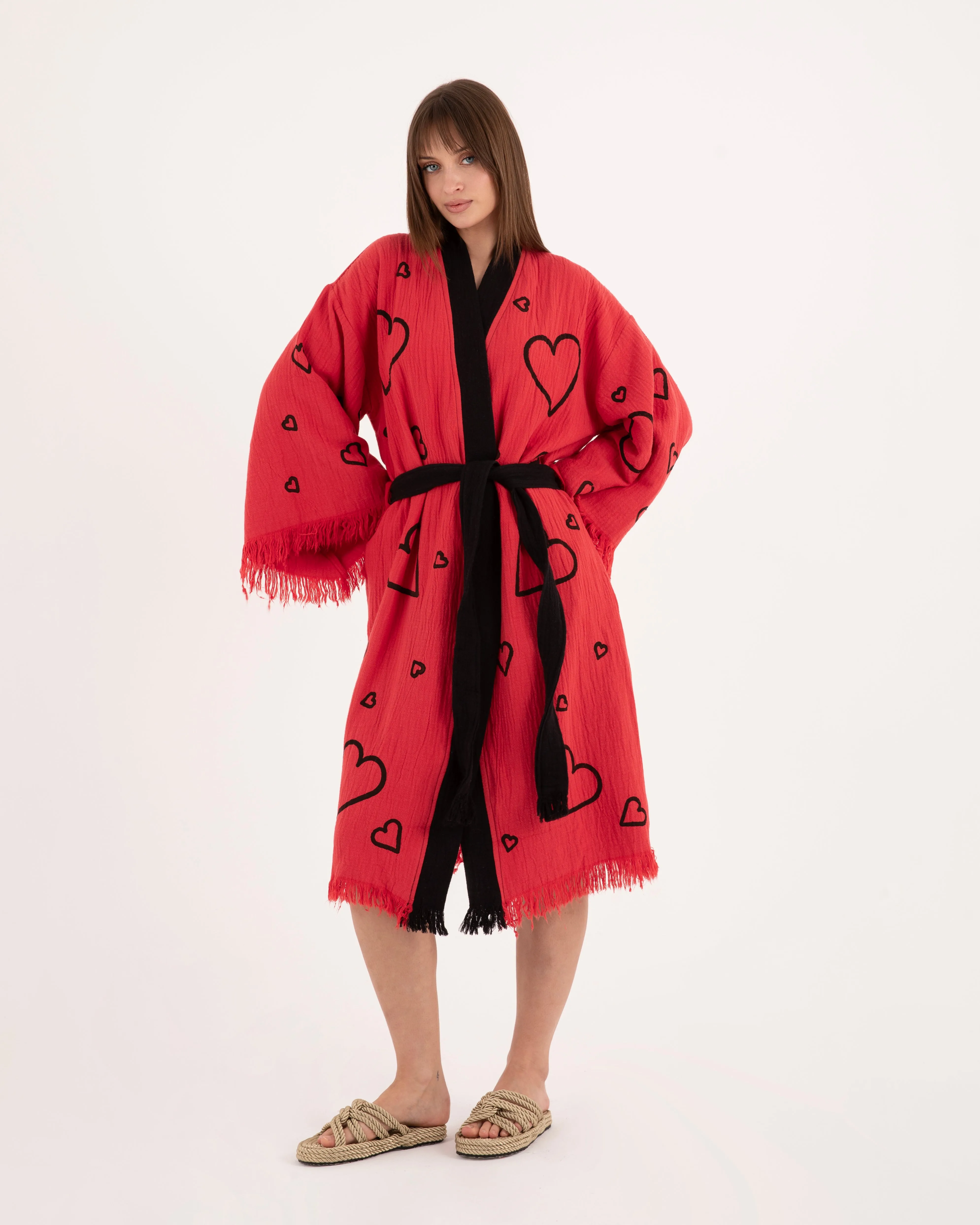 Red Kimono with Black Heart Pattern Robe