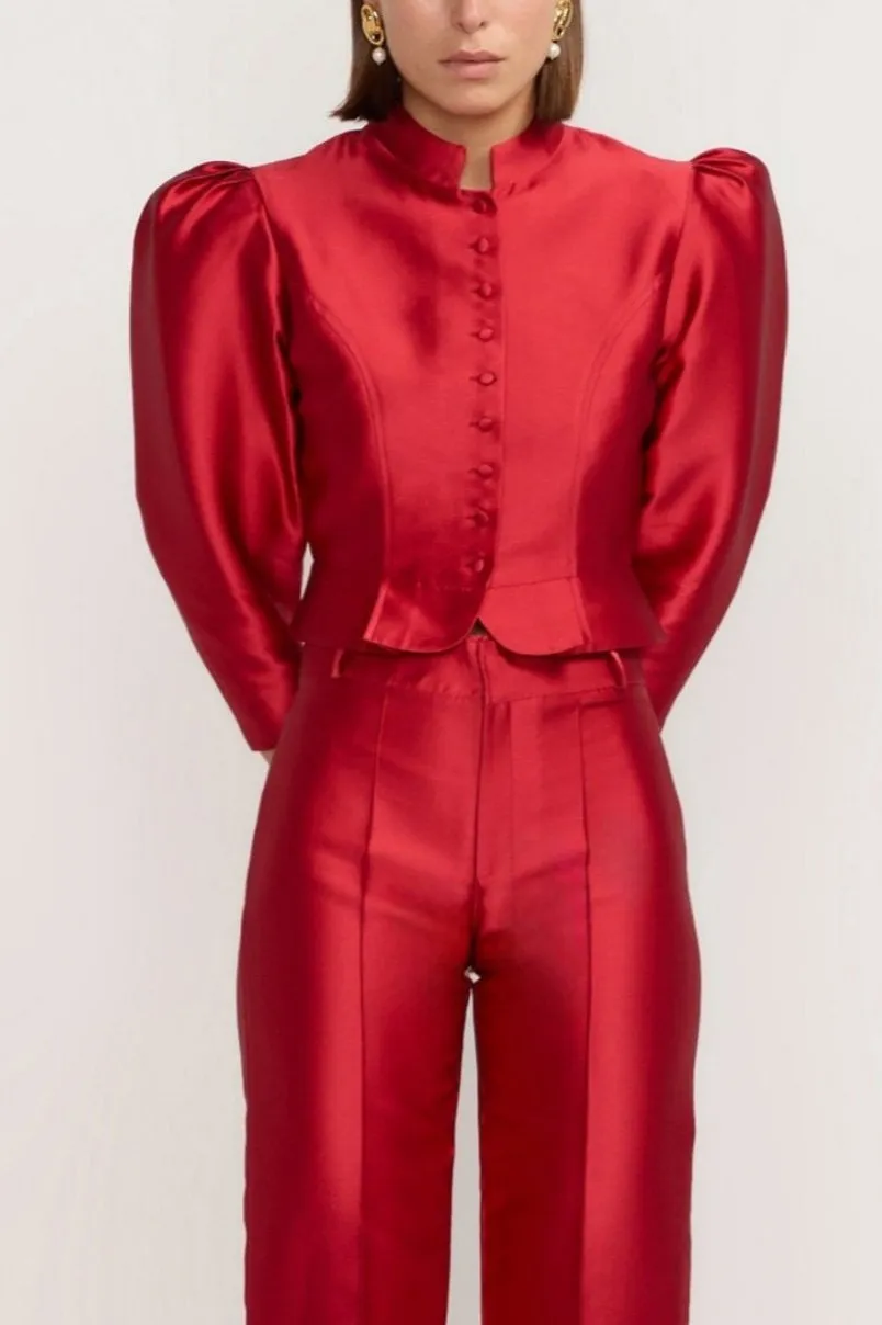 Red Satin Puff Sleeve Jacket