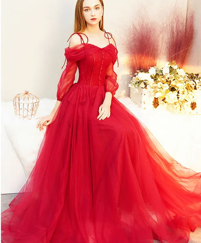 Red Tulle Long Prom Dress, Tulle Red Evening Dress