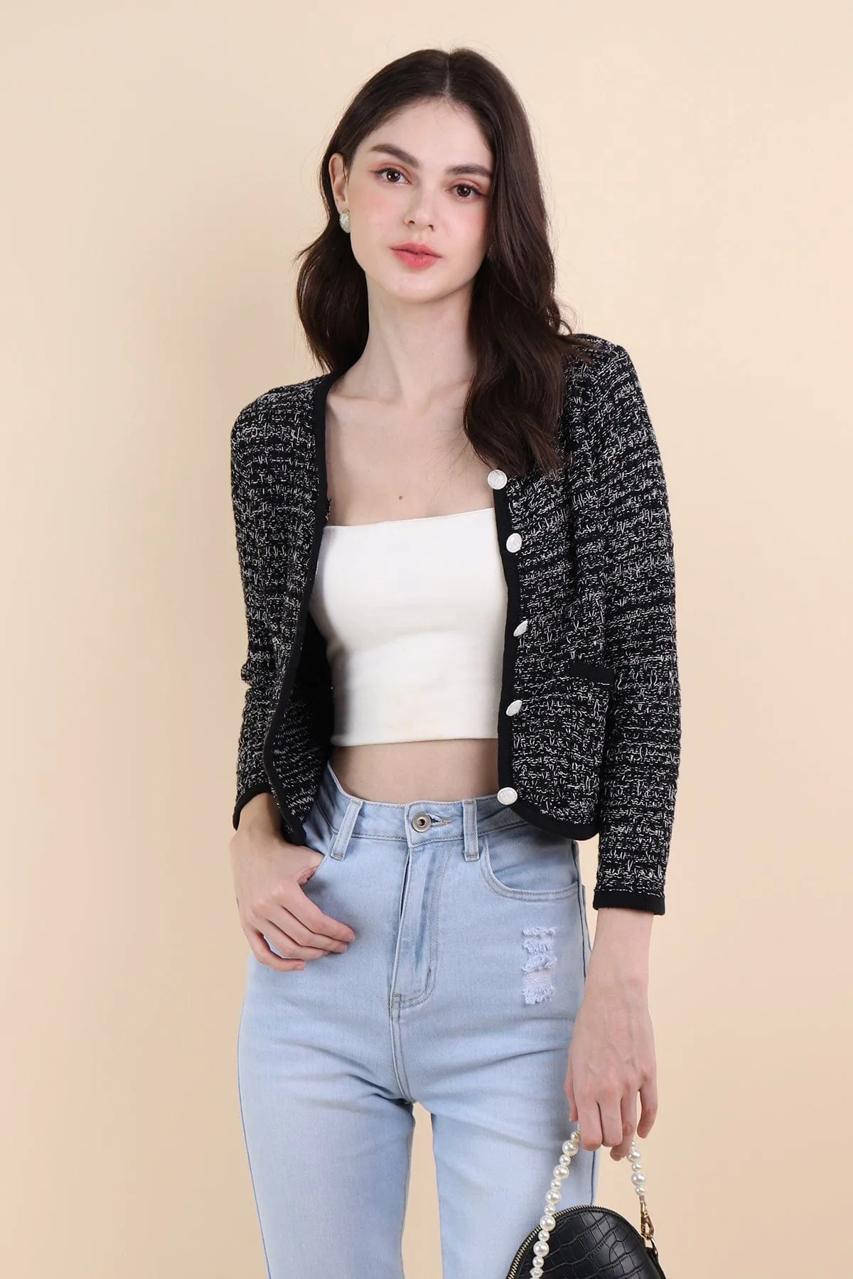 RESTOCKED** SERA TWEED KNIT CARDIGAN IN BLACK