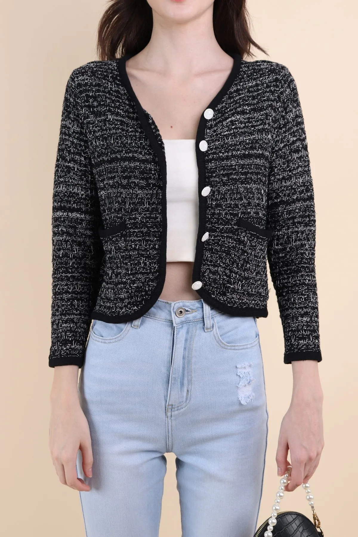 RESTOCKED** SERA TWEED KNIT CARDIGAN IN BLACK