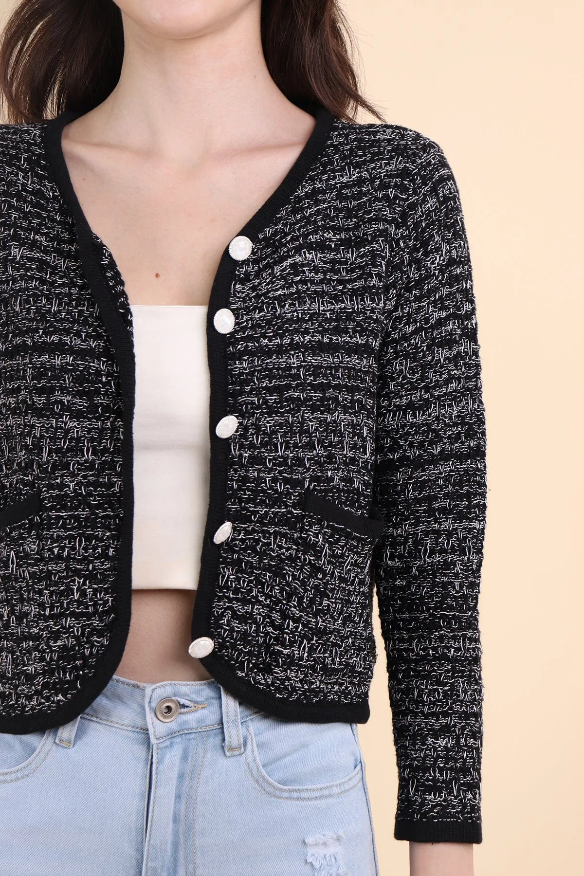 RESTOCKED** SERA TWEED KNIT CARDIGAN IN BLACK