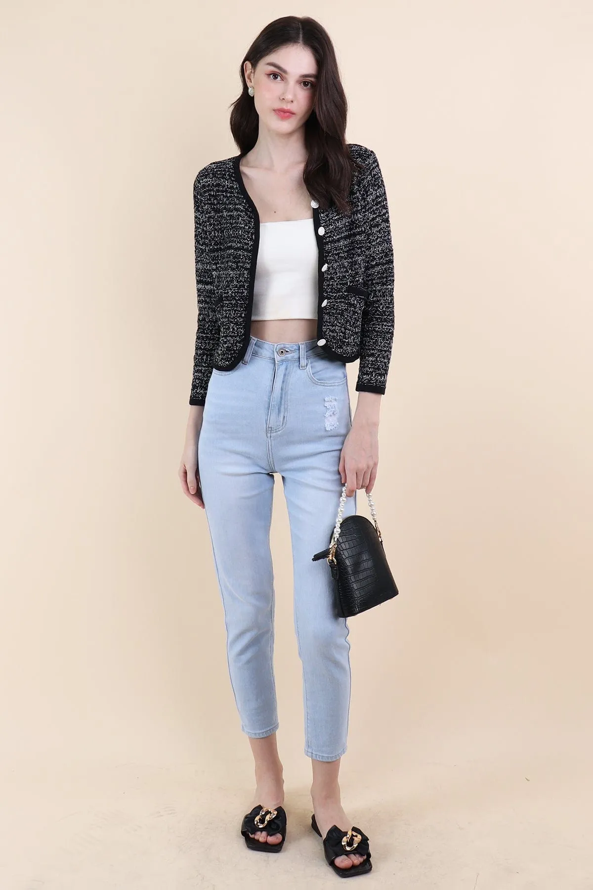 RESTOCKED** SERA TWEED KNIT CARDIGAN IN BLACK