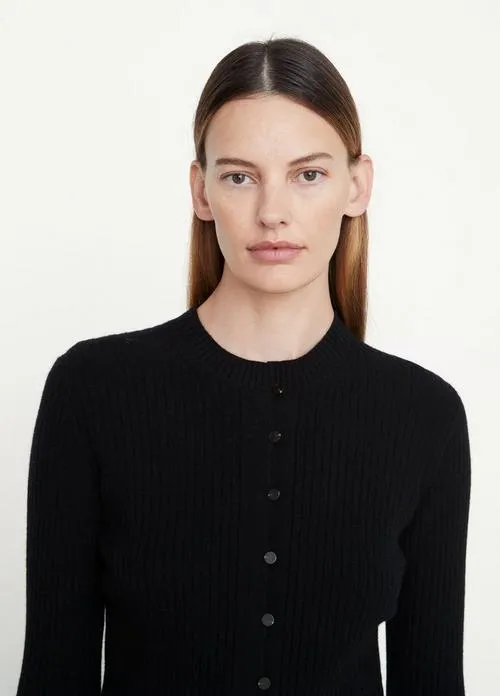 Ribbed Button Cardigan in Black