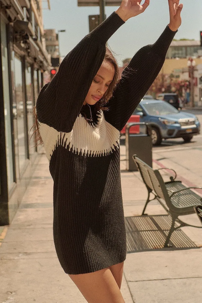 Ribbed Knit Sweater Mini Dress Color Block Detail Relaxed Fit in Black