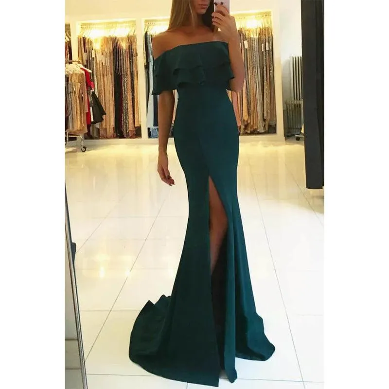 Royal Blue Satin Chic Off-the-shoulder High Split Mermaid Formal Evening Dress