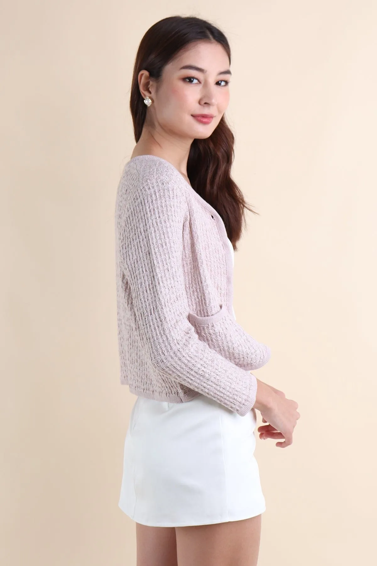 SERA TWEED KNIT CARDIGAN IN DUSTY PINK