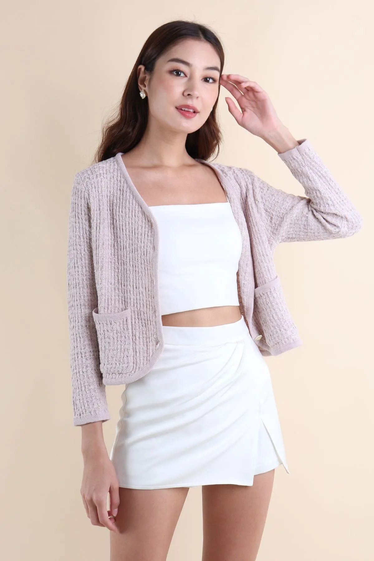SERA TWEED KNIT CARDIGAN IN DUSTY PINK