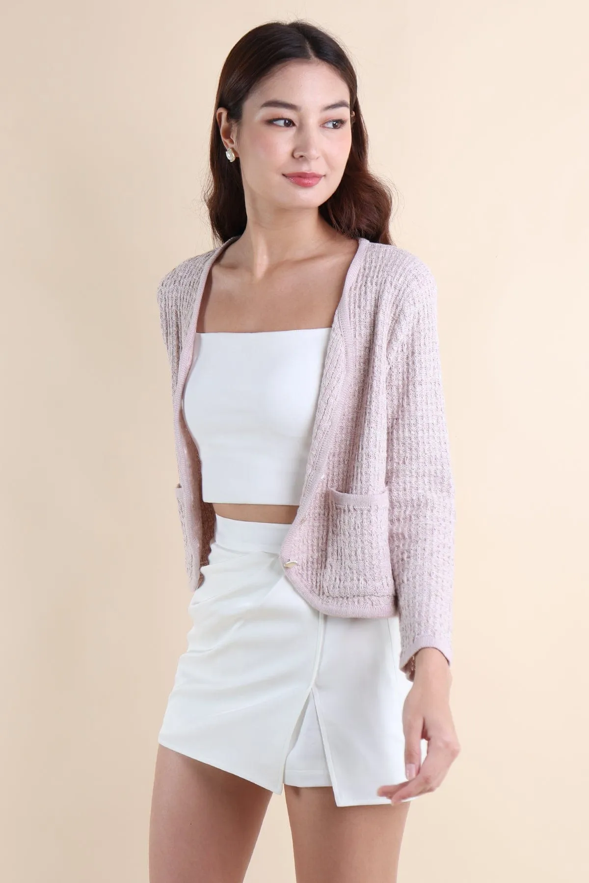 SERA TWEED KNIT CARDIGAN IN DUSTY PINK
