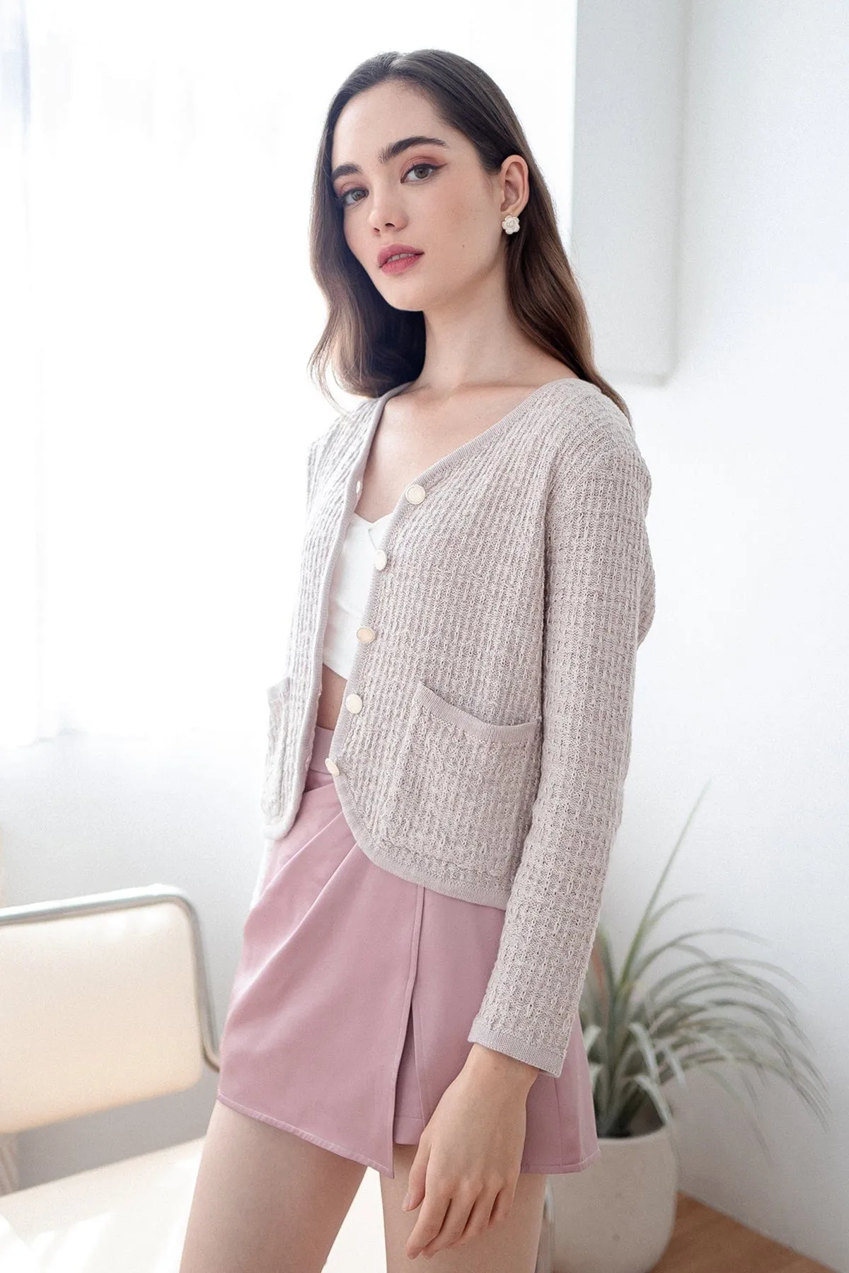 SERA TWEED KNIT CARDIGAN IN DUSTY PINK