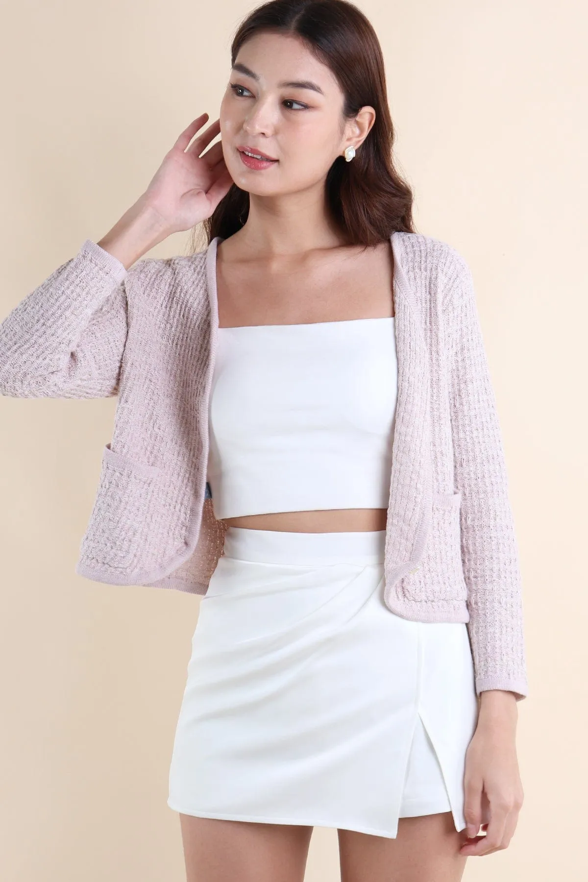 SERA TWEED KNIT CARDIGAN IN DUSTY PINK