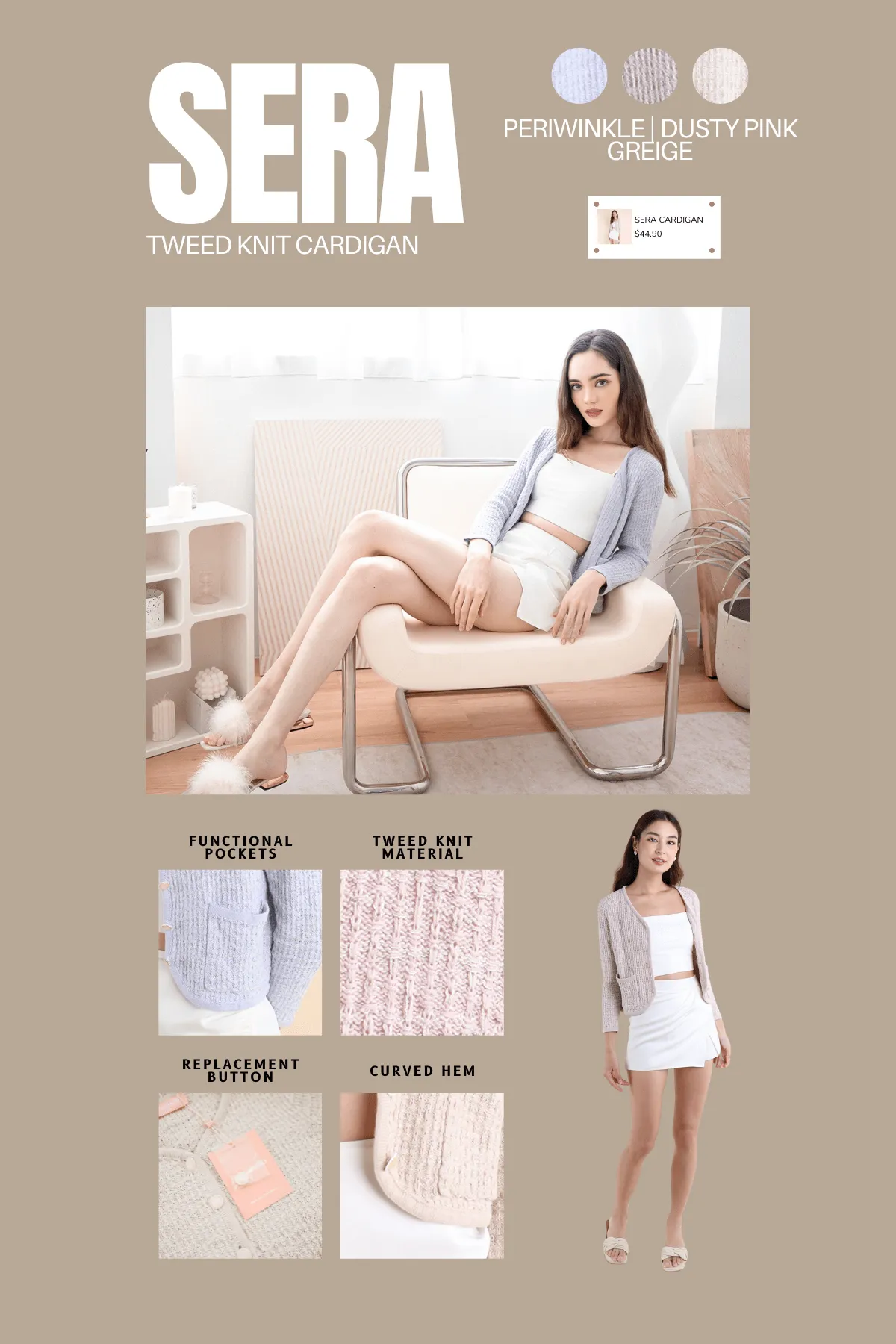 SERA TWEED KNIT CARDIGAN IN DUSTY PINK