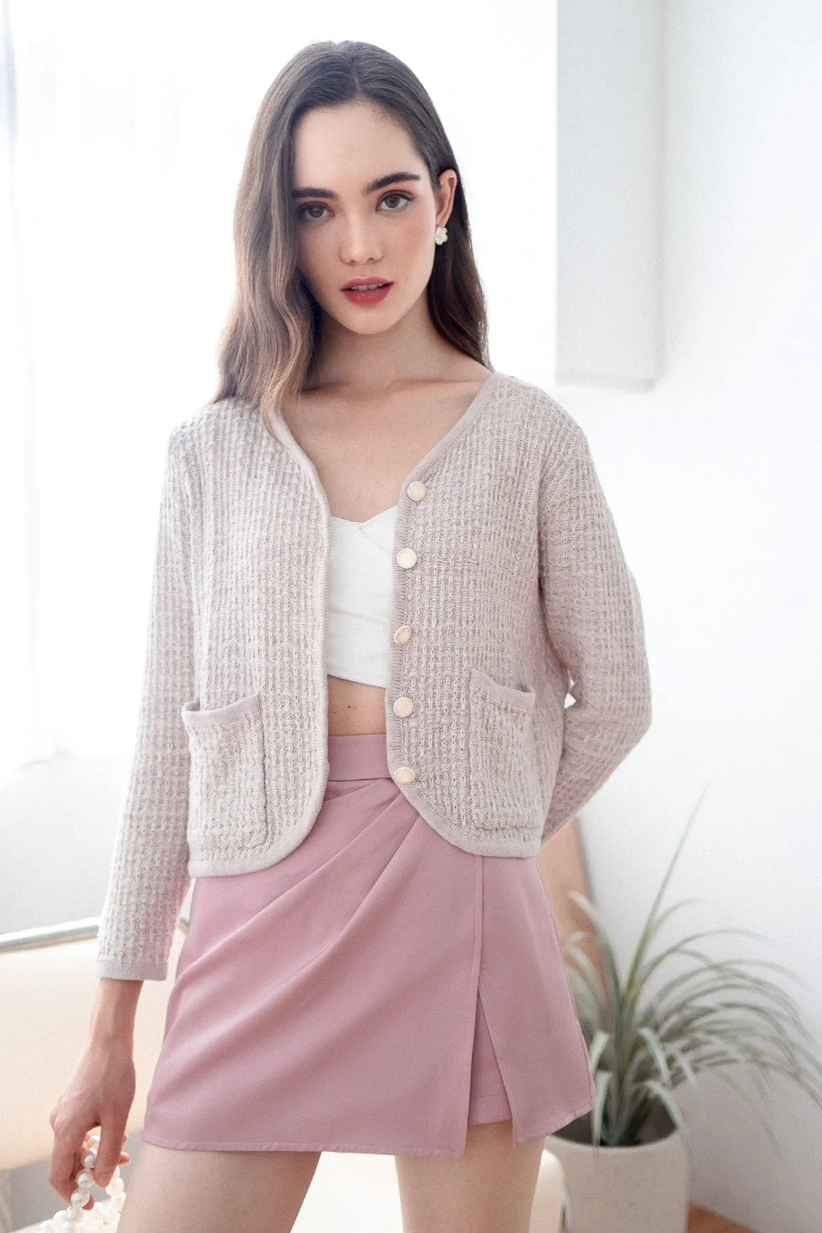 SERA TWEED KNIT CARDIGAN IN DUSTY PINK