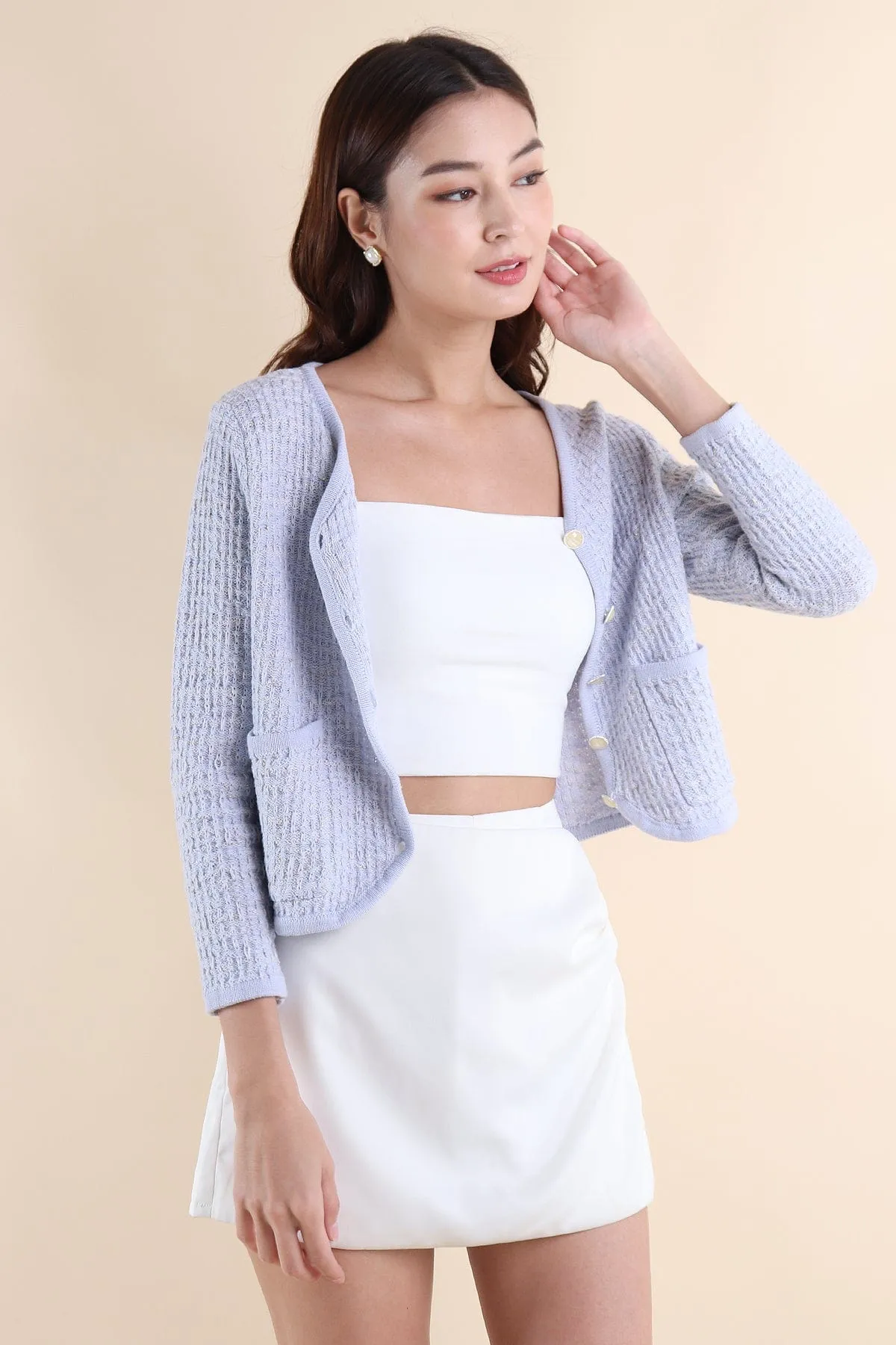 SERA TWEED KNIT CARDIGAN IN PERIWINKLE