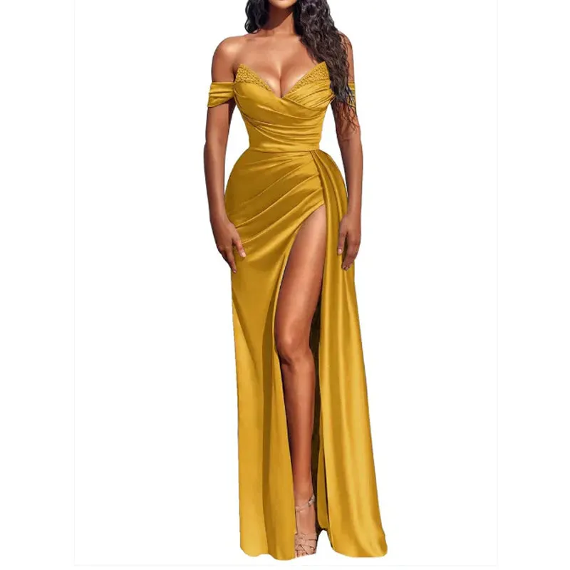 Sexy V-neck Pleats Long Prom Dress with Slit
