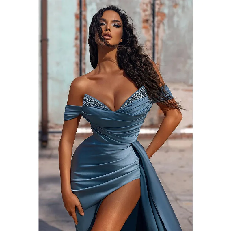 Sexy V-neck Pleats Long Prom Dress with Slit
