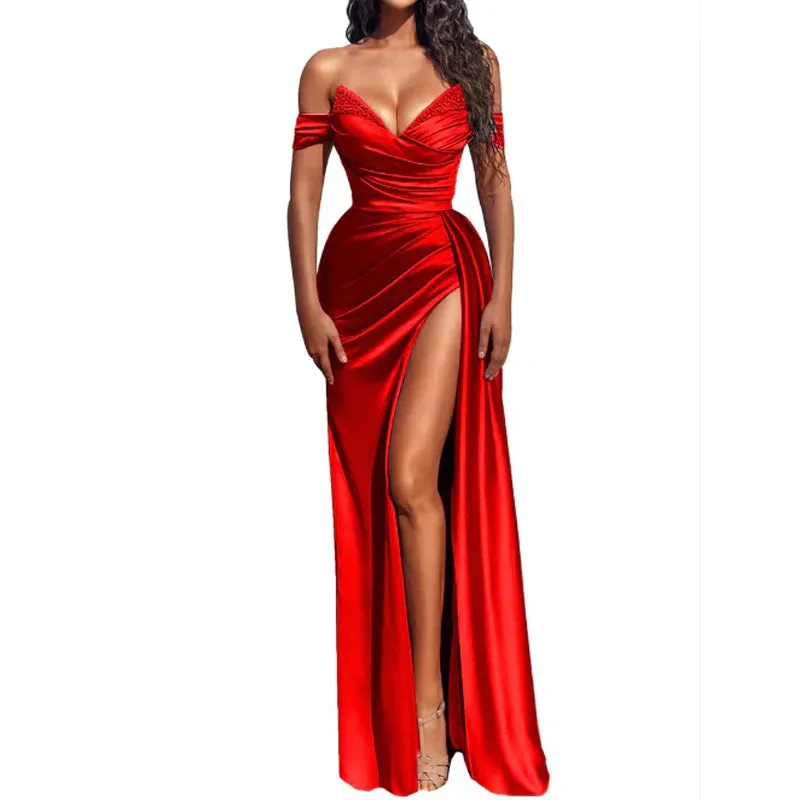 Sexy V-neck Pleats Long Prom Dress with Slit