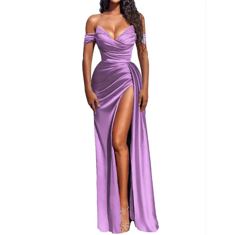 Sexy V-neck Pleats Long Prom Dress with Slit