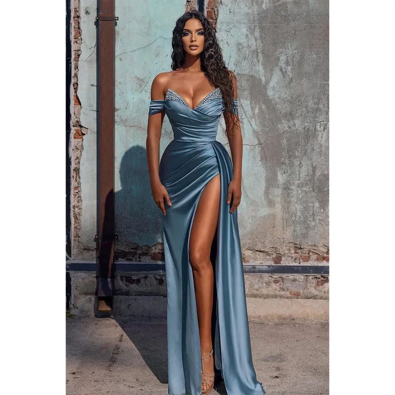 Sexy V-neck Pleats Long Prom Dress with Slit