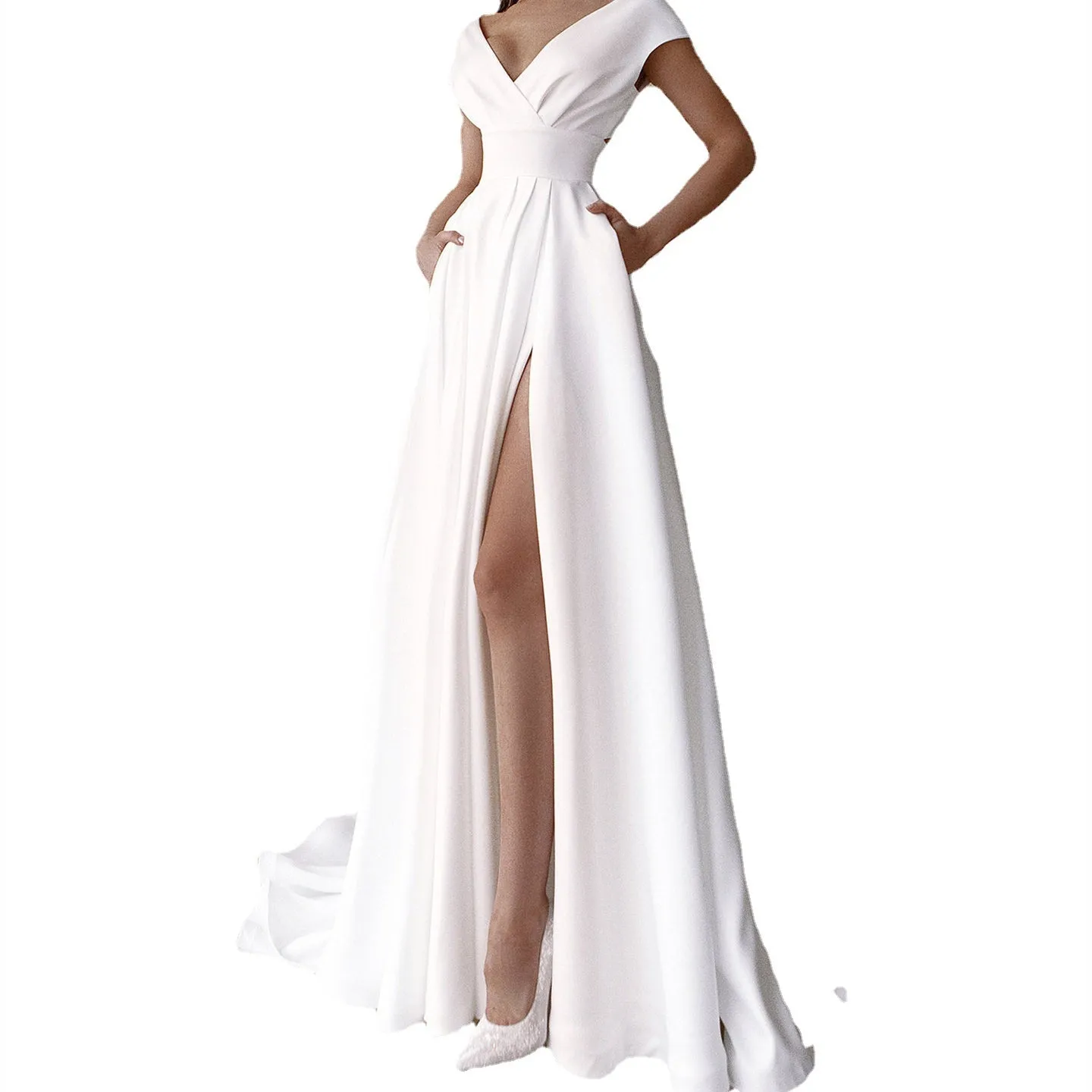 Sexy white v-neck wrap backless split maxi dress | Summer wedding party floor length dress