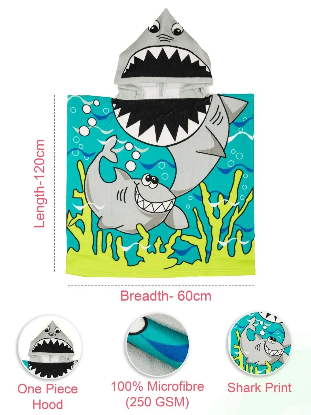 Shark Adventure Hooded Poncho Towel for Boys – Blue and Green, 120 x 60 cm