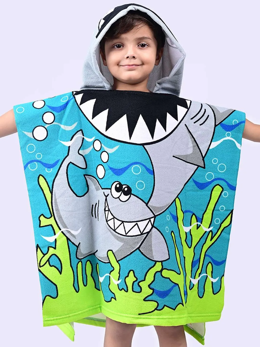 Shark Adventure Hooded Poncho Towel for Boys – Blue and Green, 120 x 60 cm
