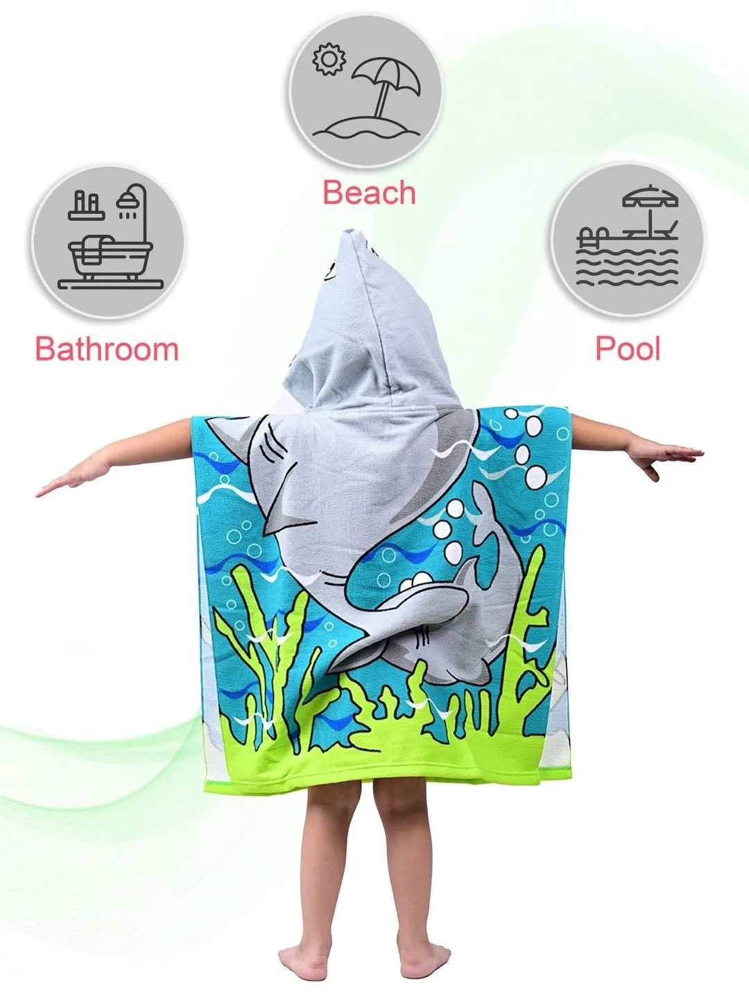 Shark Adventure Hooded Poncho Towel for Boys – Blue and Green, 120 x 60 cm