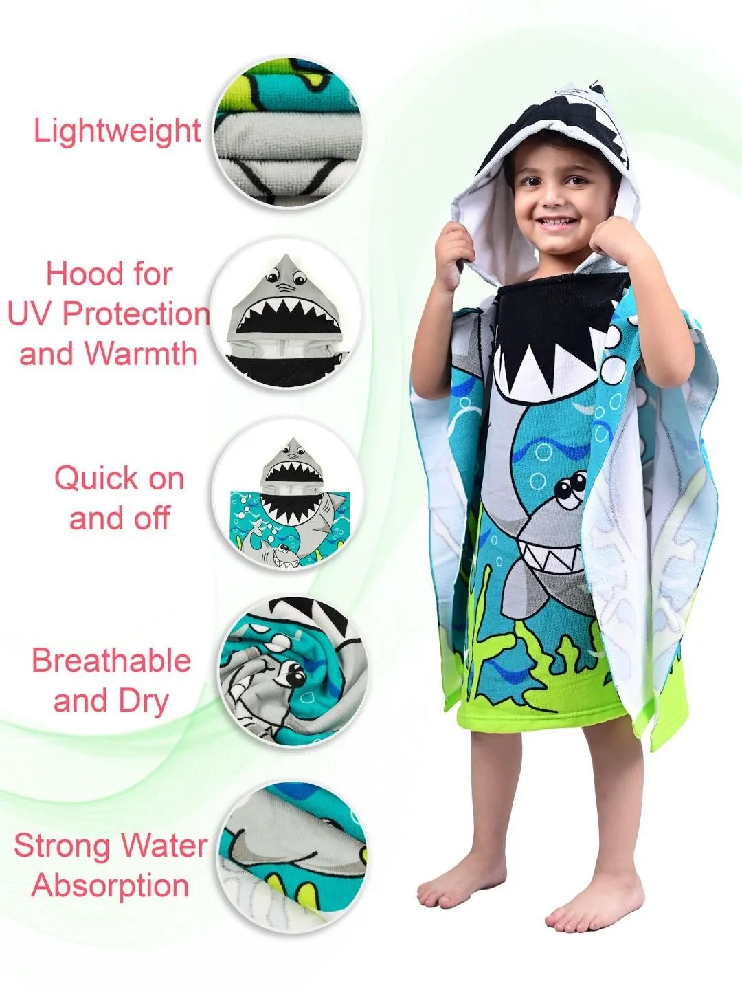 Shark Adventure Hooded Poncho Towel for Boys – Blue and Green, 120 x 60 cm