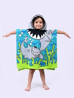 Shark Adventure Hooded Poncho Towel for Boys – Blue and Green, 120 x 60 cm