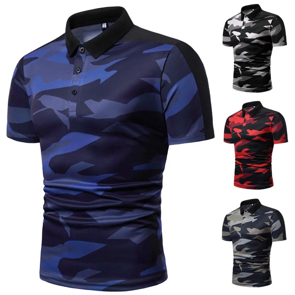 Sidiou Group New Men Simple Lapel Short Sleeve Polo Shirt Camouflage Printing Short Sleeve Shirt