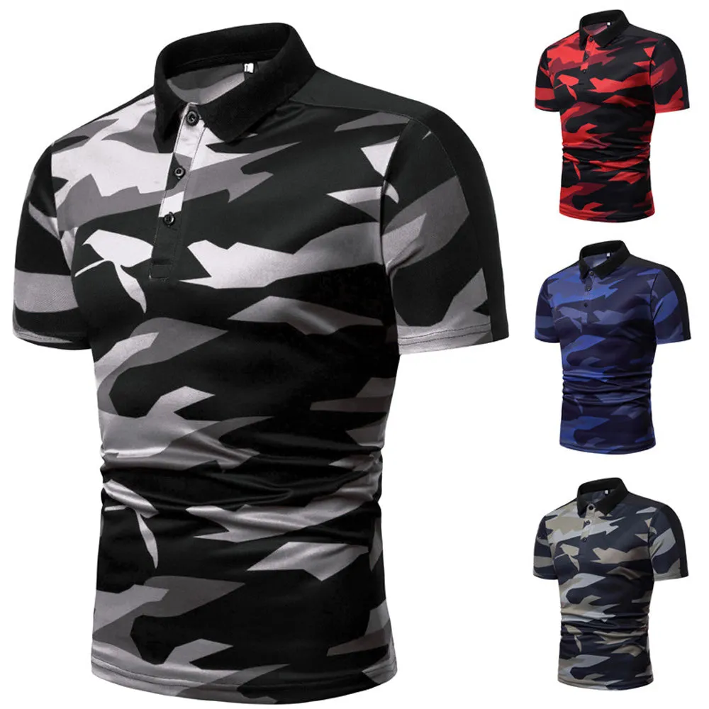 Sidiou Group New Men Simple Lapel Short Sleeve Polo Shirt Camouflage Printing Short Sleeve Shirt