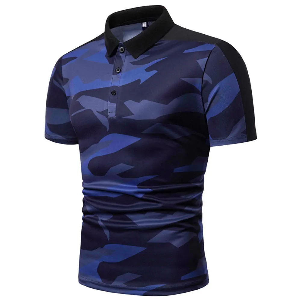 Sidiou Group New Men Simple Lapel Short Sleeve Polo Shirt Camouflage Printing Short Sleeve Shirt