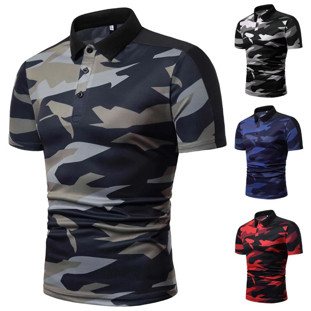 Sidiou Group New Men Simple Lapel Short Sleeve Polo Shirt Camouflage Printing Short Sleeve Shirt