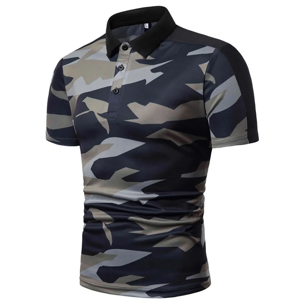 Sidiou Group New Men Simple Lapel Short Sleeve Polo Shirt Camouflage Printing Short Sleeve Shirt