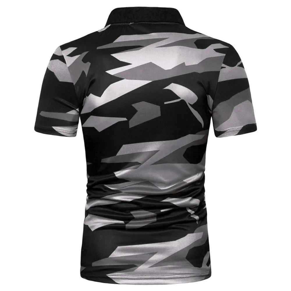 Sidiou Group New Men Simple Lapel Short Sleeve Polo Shirt Camouflage Printing Short Sleeve Shirt
