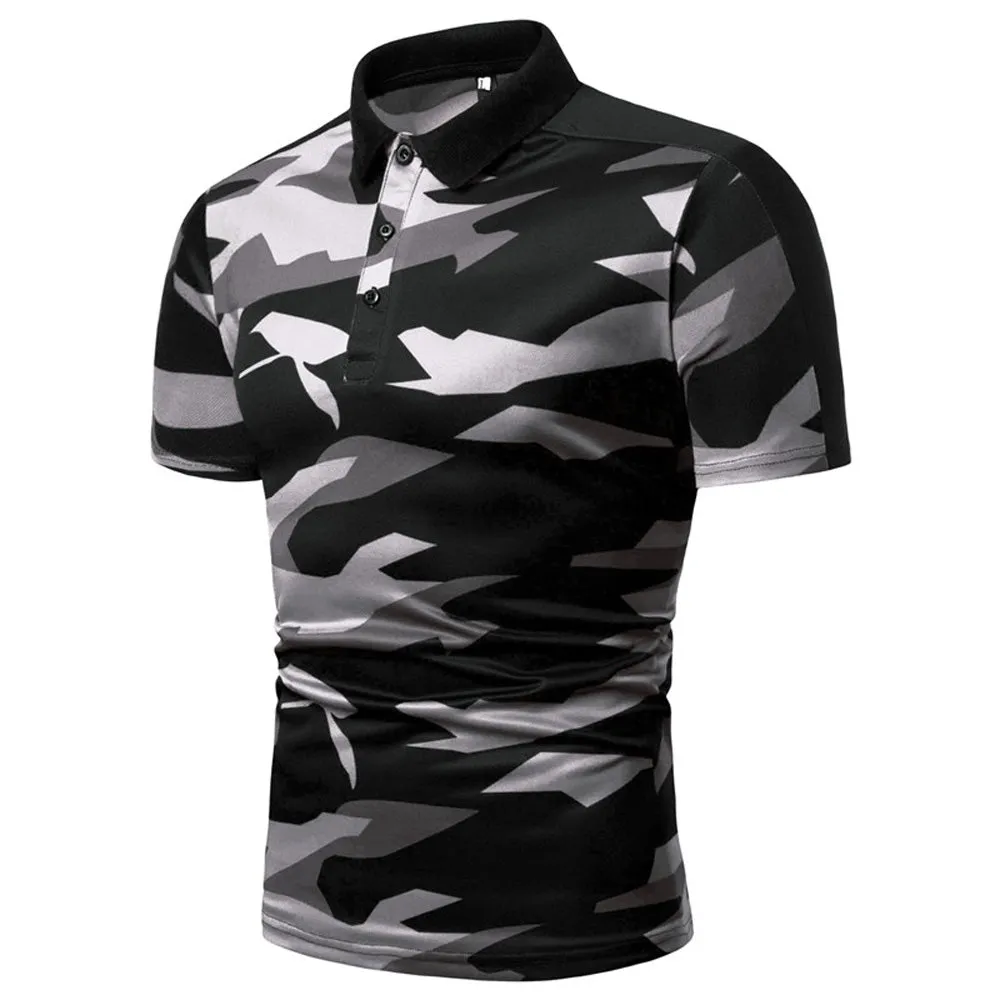 Sidiou Group New Men Simple Lapel Short Sleeve Polo Shirt Camouflage Printing Short Sleeve Shirt