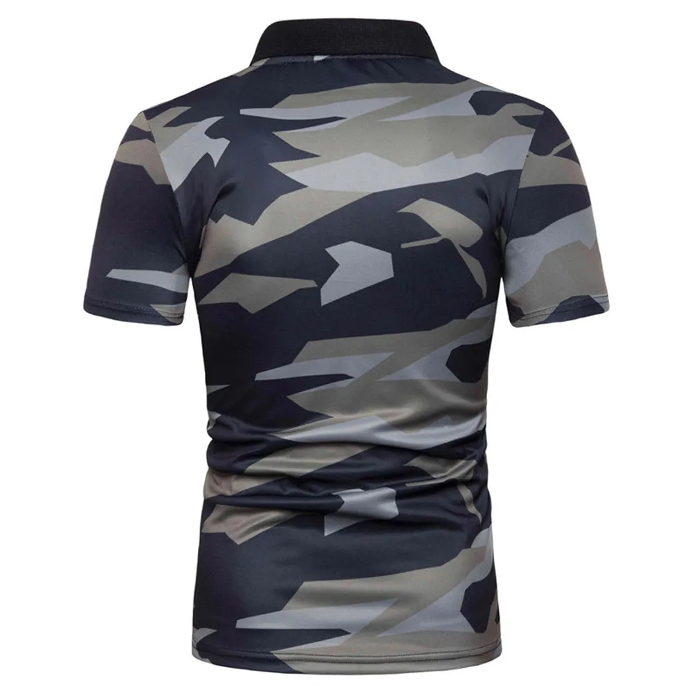 Sidiou Group New Men Simple Lapel Short Sleeve Polo Shirt Camouflage Printing Short Sleeve Shirt