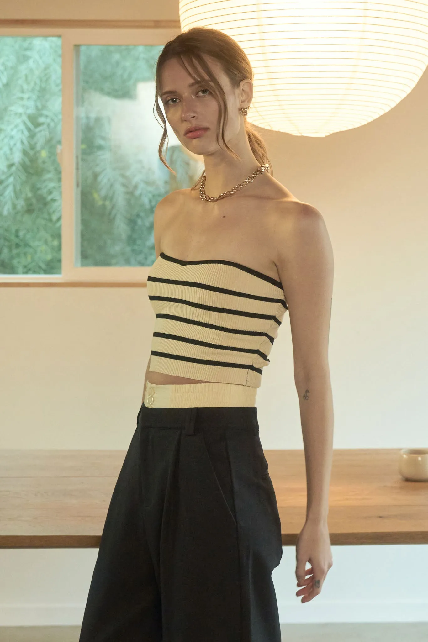 STRIPE STRAPLESS SWEATER KNIT CROP TOP