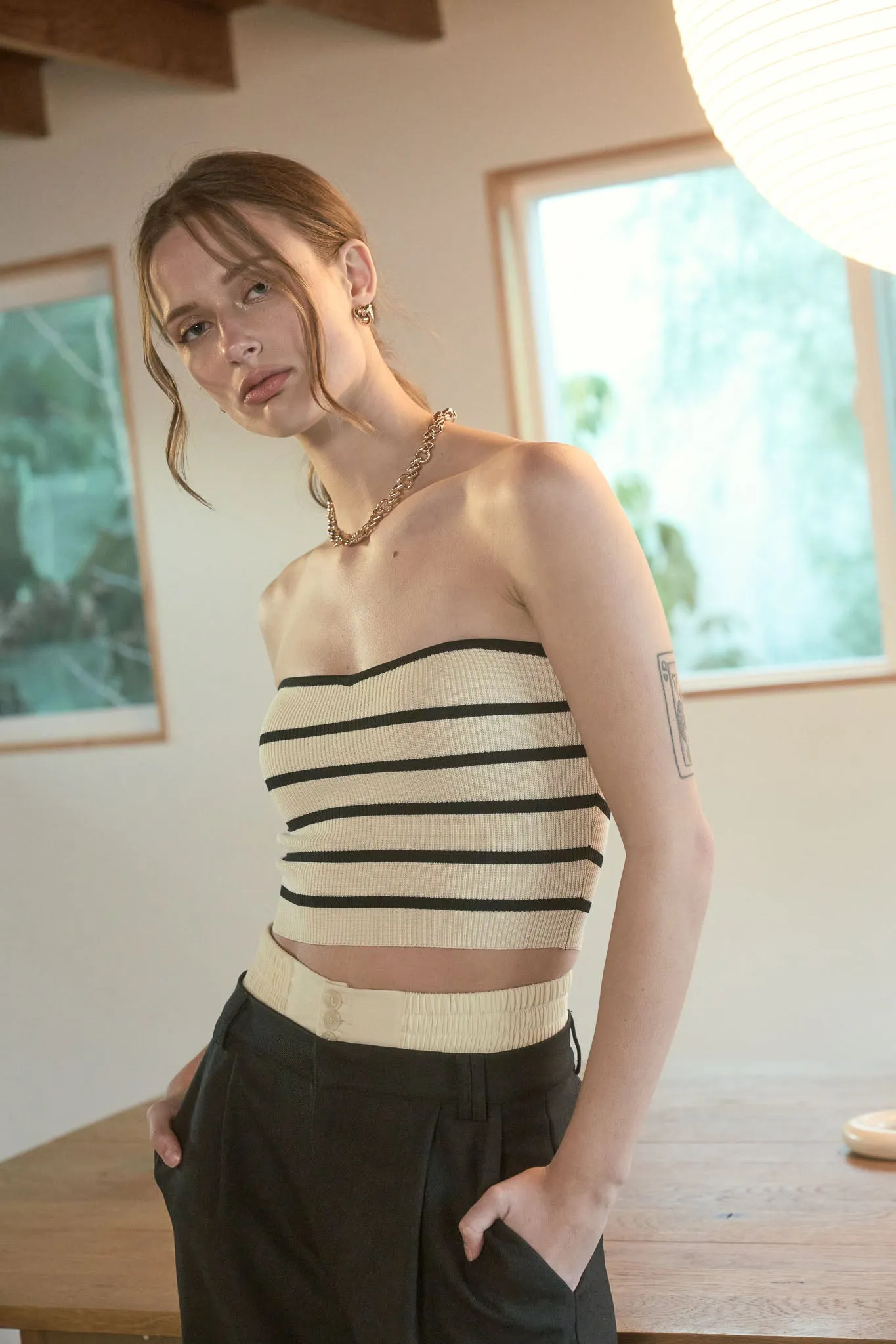 STRIPE STRAPLESS SWEATER KNIT CROP TOP