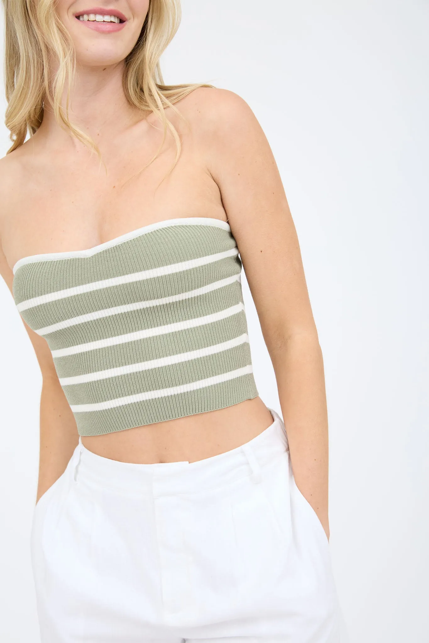 STRIPE STRAPLESS SWEATER KNIT CROP TOP