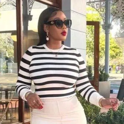 Striped Print High Neck Long Sleeve Casual Tee Shirt