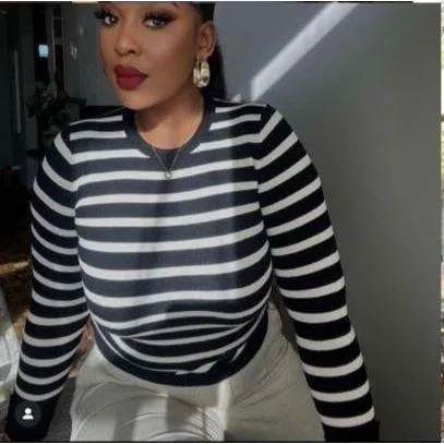 Striped Print High Neck Long Sleeve Casual Tee Shirt