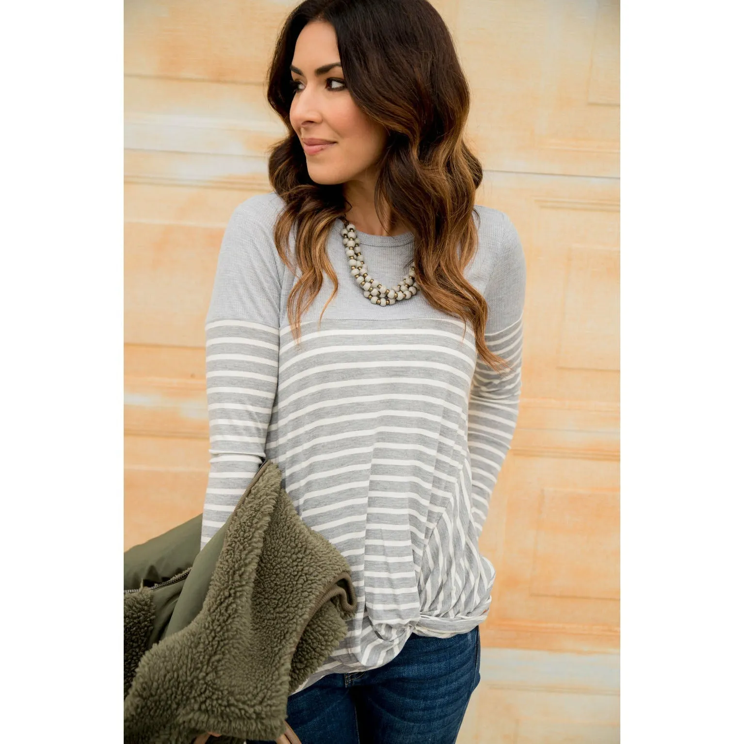 Striped Thermal Top Side Knot Tee