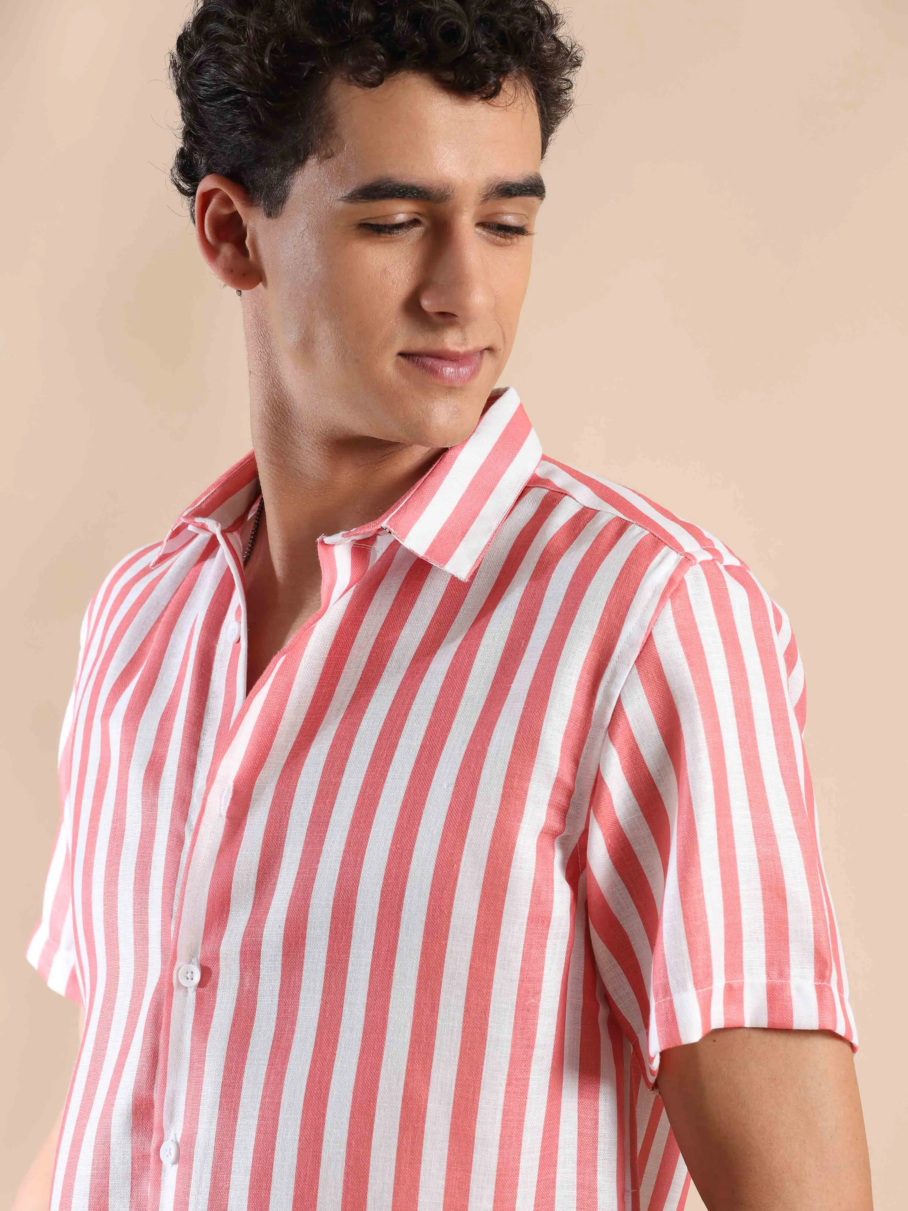 Summer Salmon Stripes Cotton Shirt