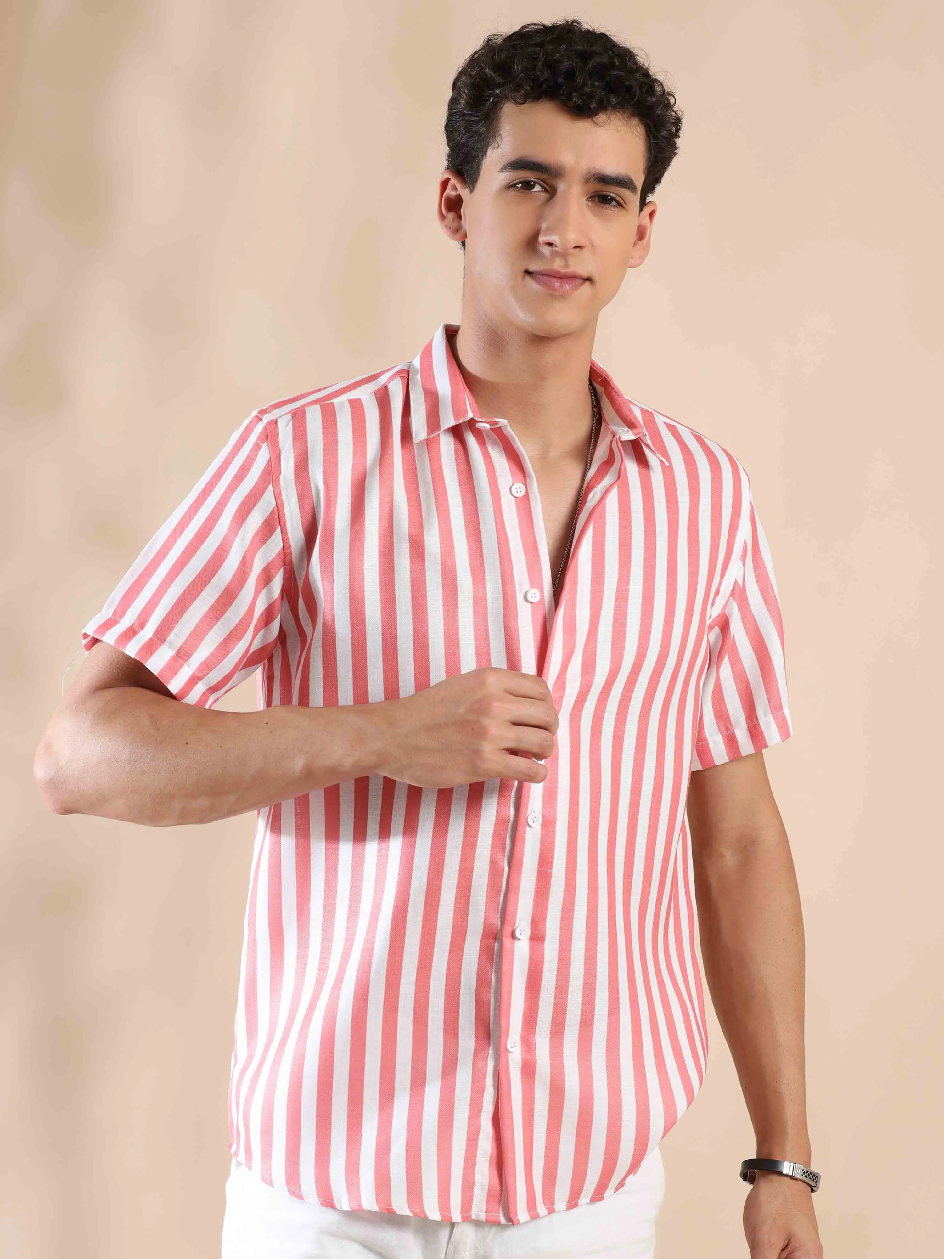 Summer Salmon Stripes Cotton Shirt