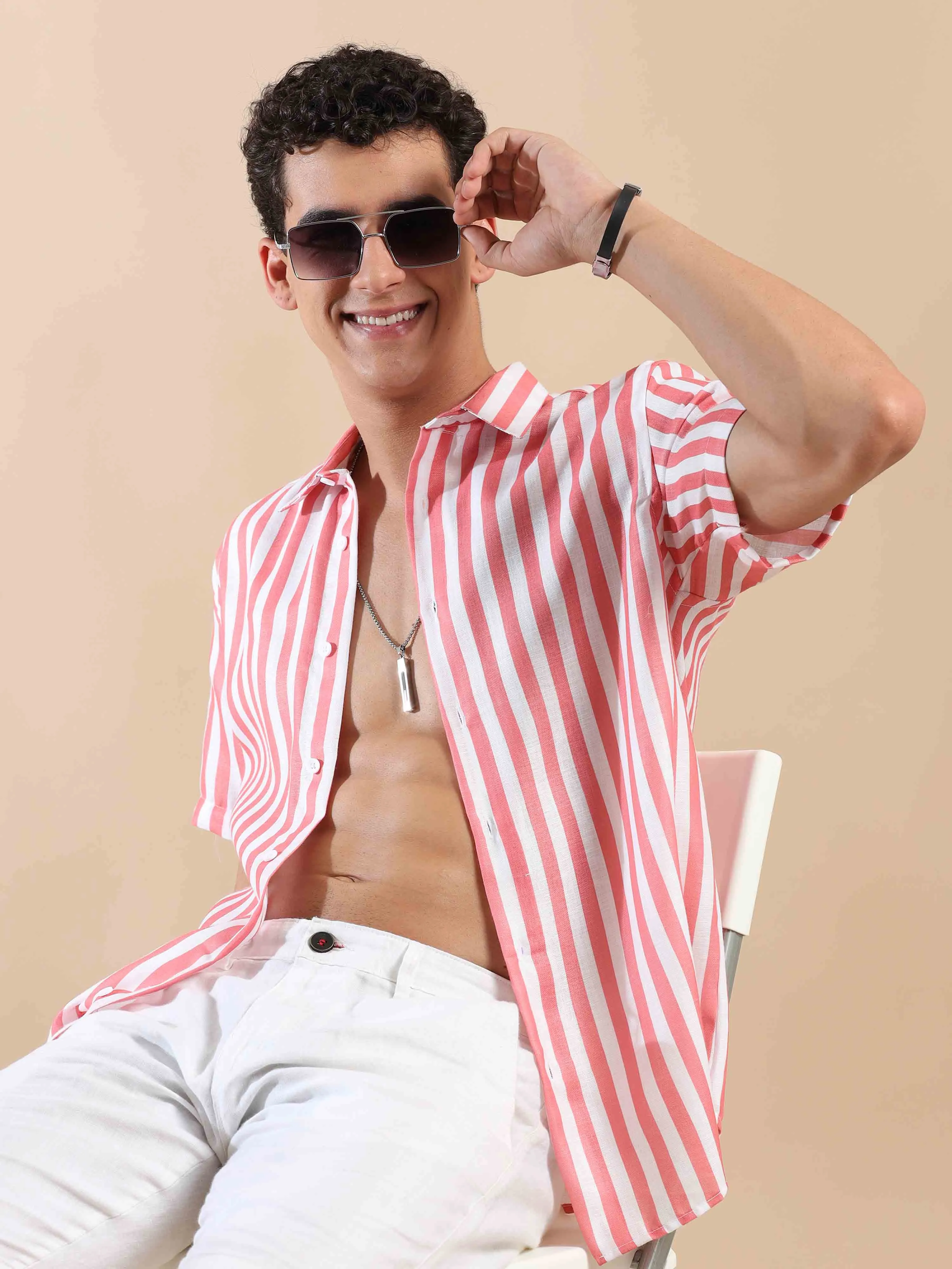 Summer Salmon Stripes Cotton Shirt