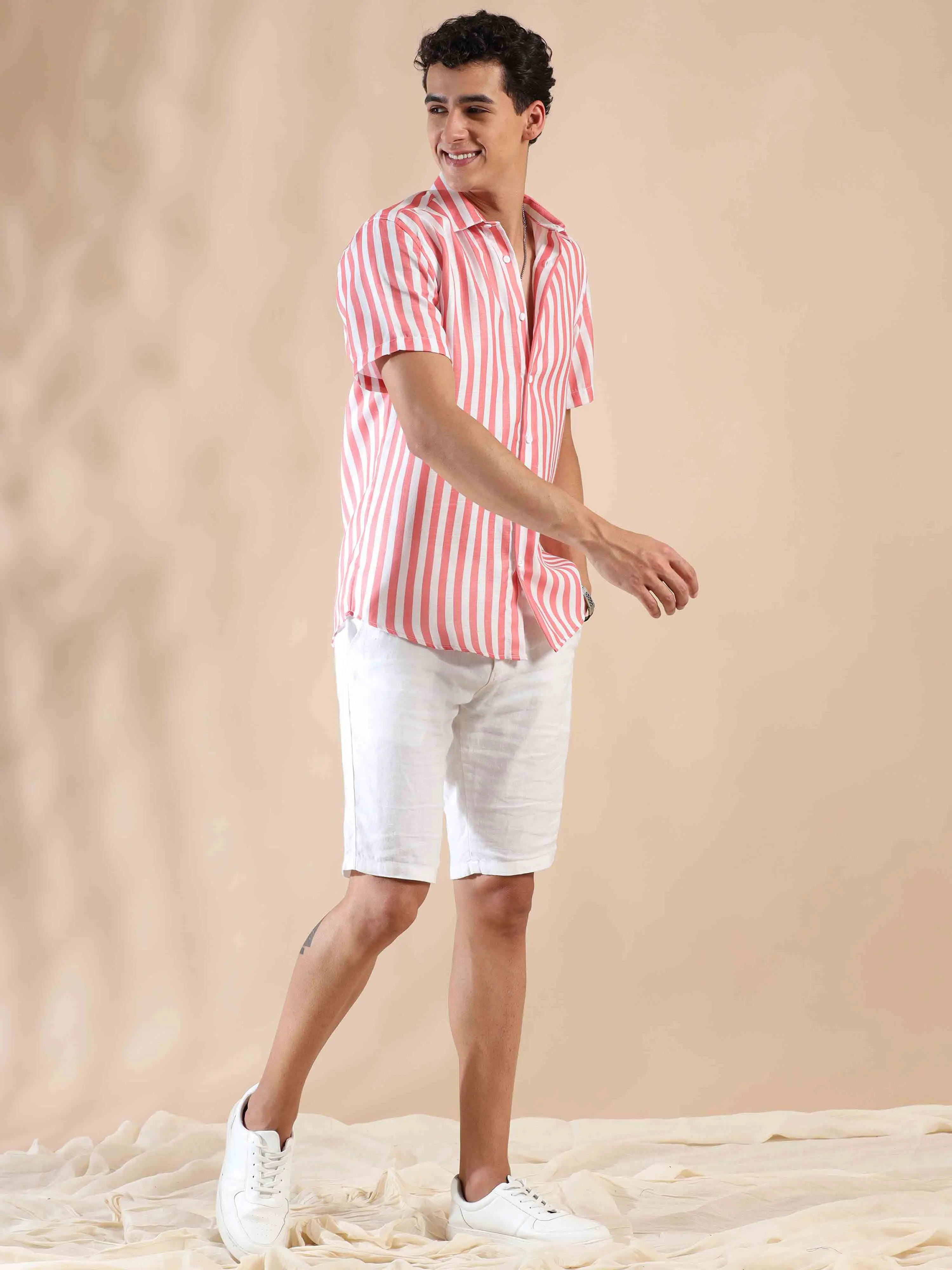 Summer Salmon Stripes Cotton Shirt